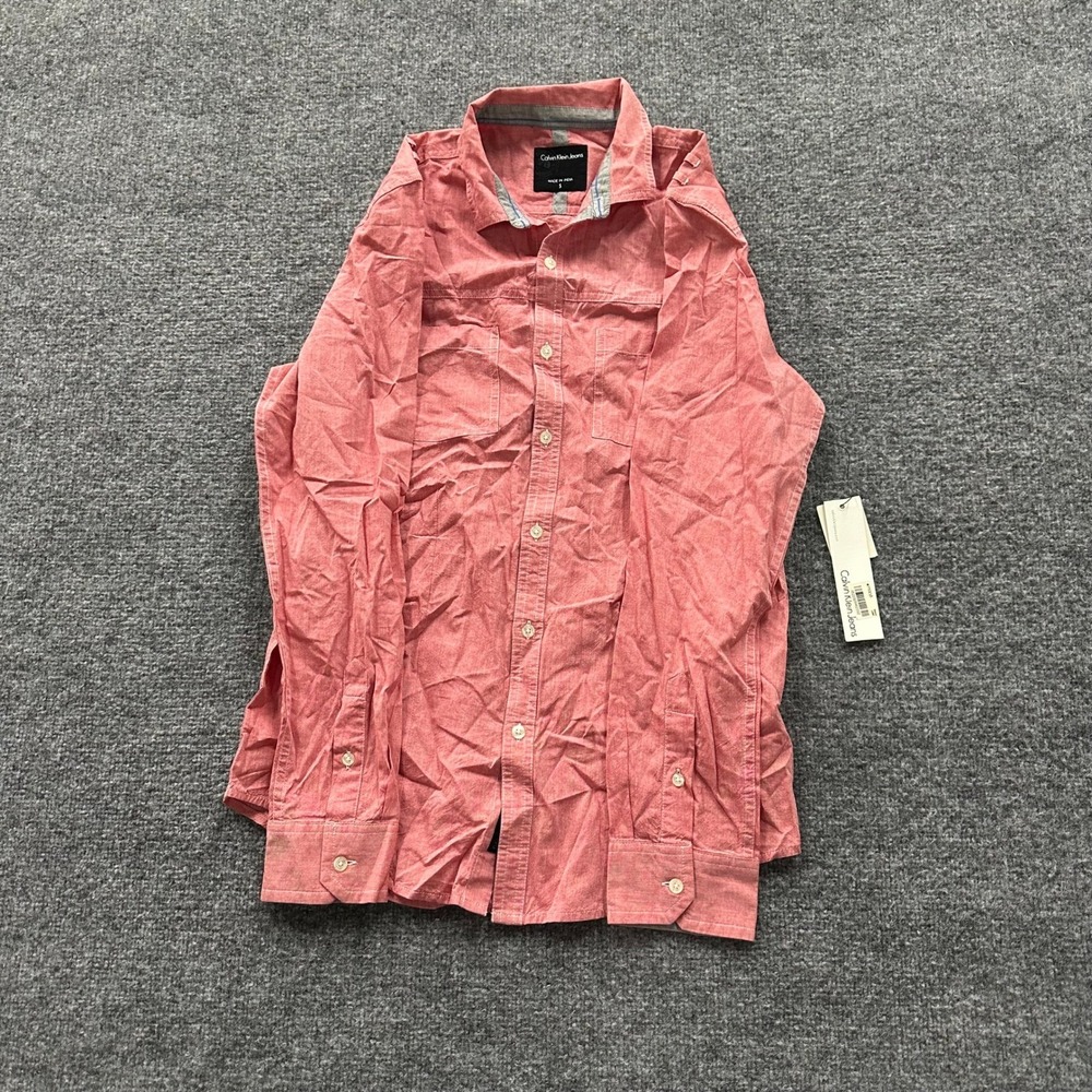 Calvin Klein Jeans Button Down Mens Size S Red Cotton Chambray Long Sleeve New